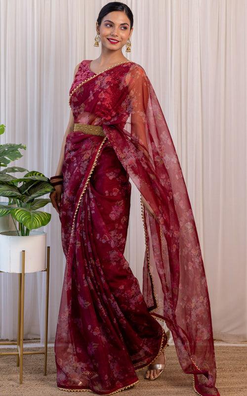 Wine Floral Organza Saree with Embellished Belt