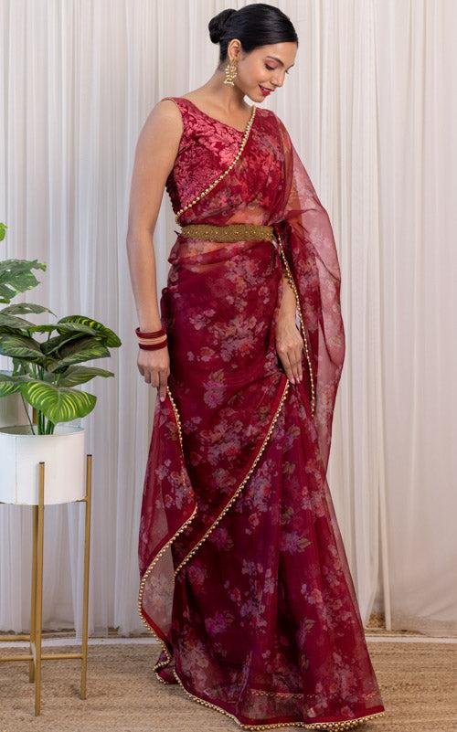 Wine Floral Organza Saree with Embellished Belt