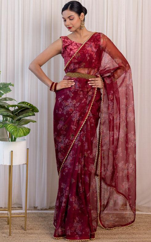 Wine Floral Organza Saree with Embellished Belt