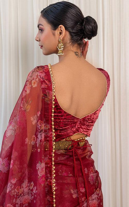 Wine Floral Organza Saree with Embellished Belt