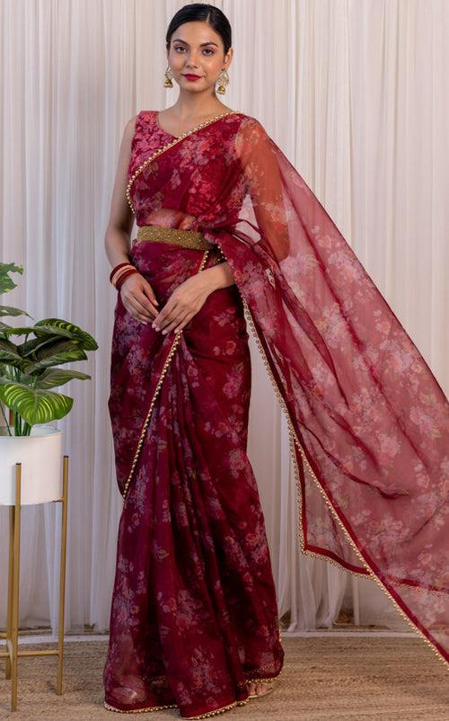 Wine Floral Organza Saree with Embellished Belt