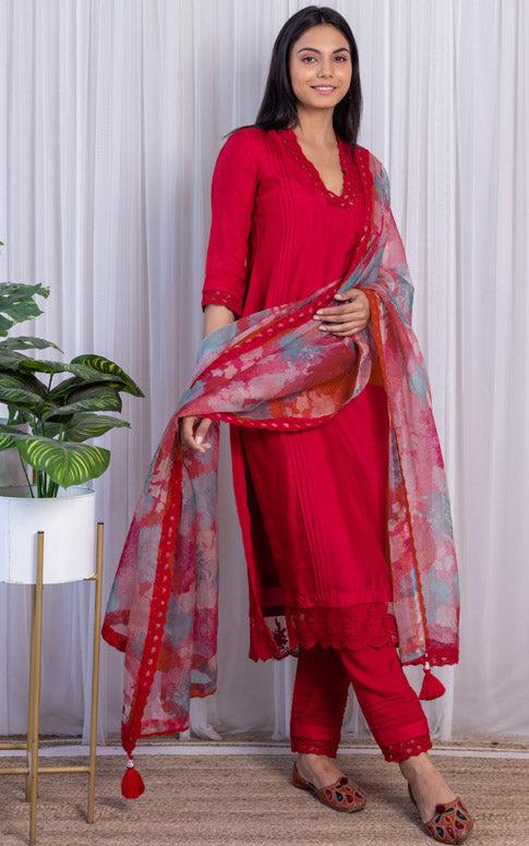 Red Kurta Pant Set with Floral Organza Dupatta