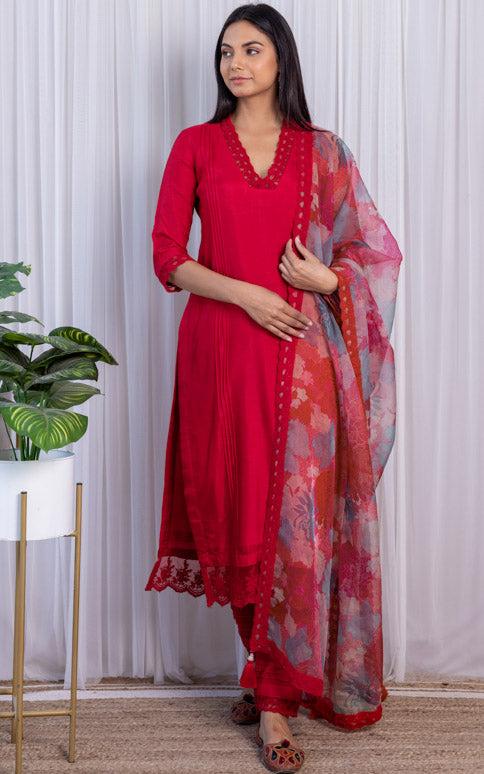 Red Kurta Pant Set with Floral Organza Dupatta