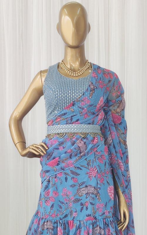 Grey Floral Pre-Stitched Ruffle Saree with Embellished Belt