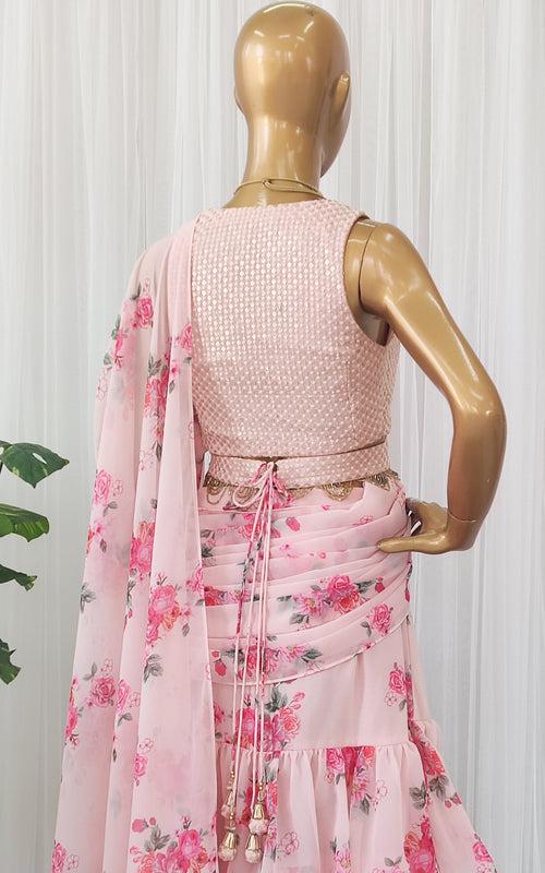 Millennial Pink Floral Pre-Stitched Ruffle Saree with Embellished Belt