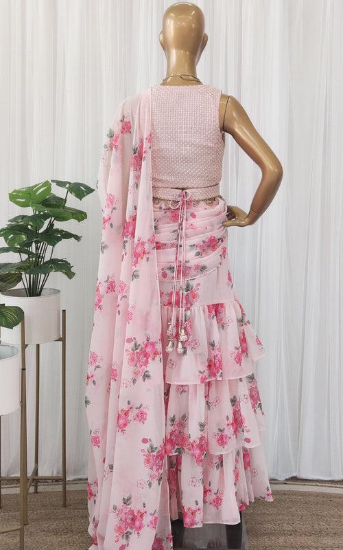 Millennial Pink Floral Pre-Stitched Ruffle Saree with Embellished Belt