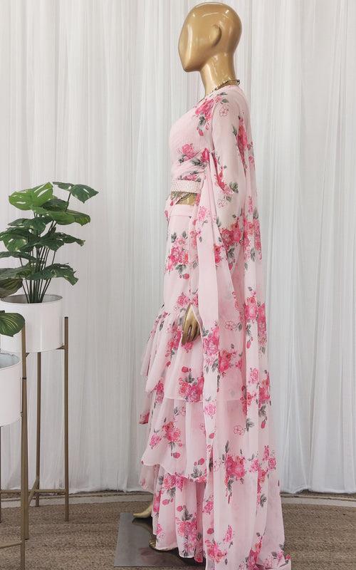 Millennial Pink Floral Pre-Stitched Ruffle Saree with Embellished Belt