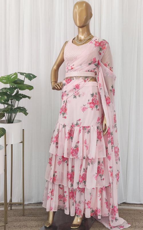 Millennial Pink Floral Pre-Stitched Ruffle Saree with Embellished Belt