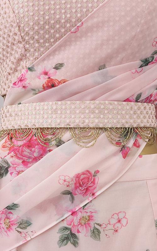 Millennial Pink Floral Pre-Stitched Ruffle Saree with Embellished Belt