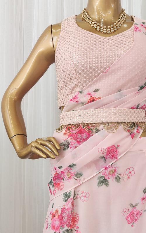 Millennial Pink Floral Pre-Stitched Ruffle Saree with Embellished Belt