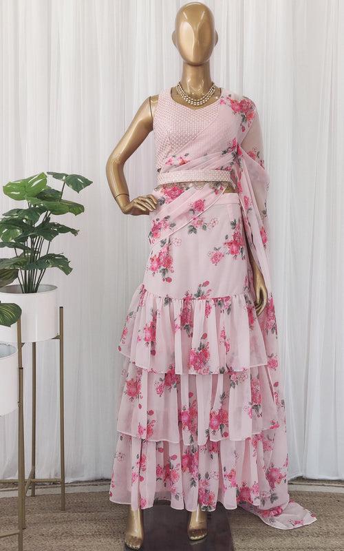 Millennial Pink Floral Pre-Stitched Ruffle Saree with Embellished Belt