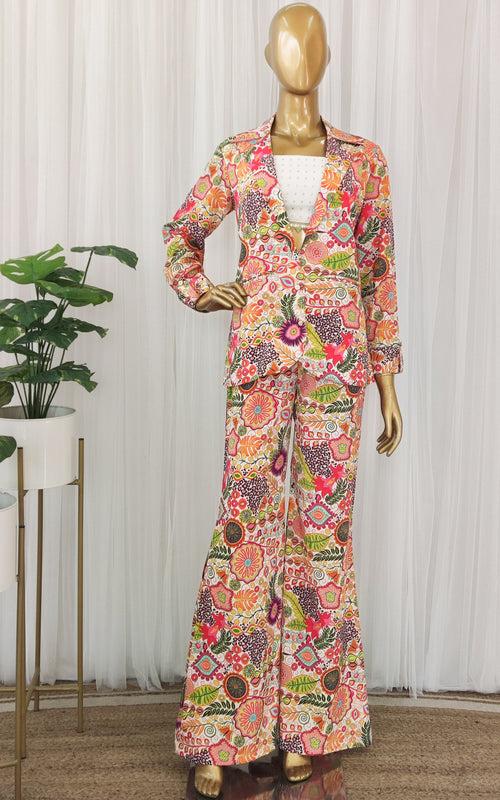 White Colorful Printed Blazer Co-Ord Set