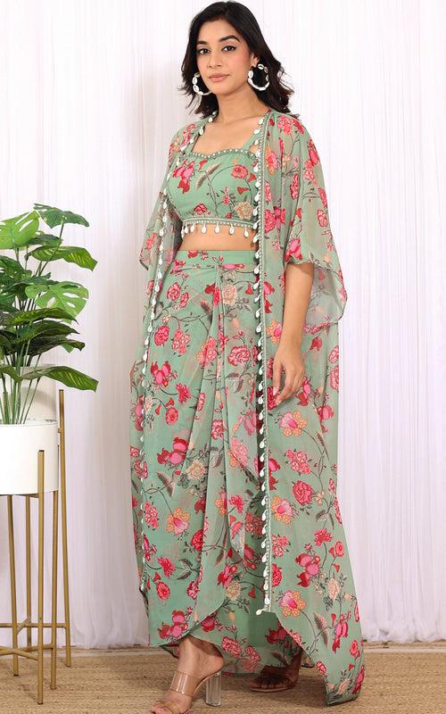 Sonal Forest Green Georgette Crop Top & Draped Skirt Co-ord Set