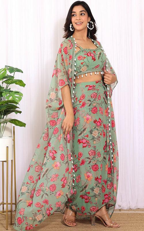 Sonal Forest Green Georgette Crop Top & Draped Skirt Co-ord Set