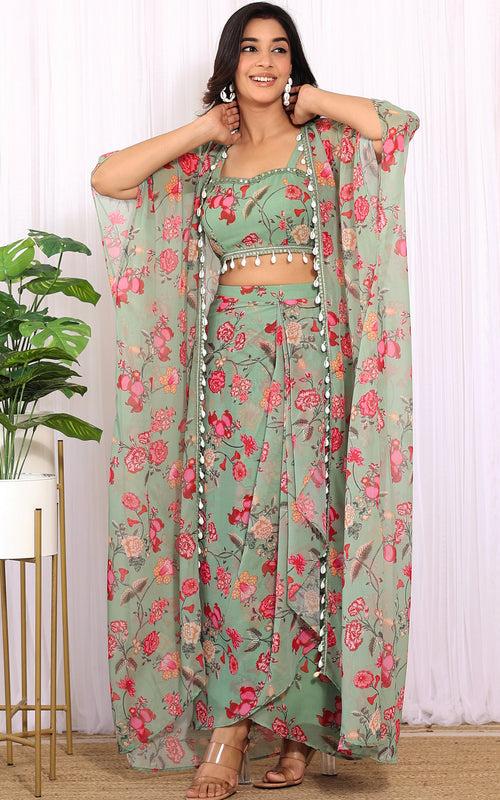 Sonal Forest Green Georgette Crop Top & Draped Skirt Co-ord Set