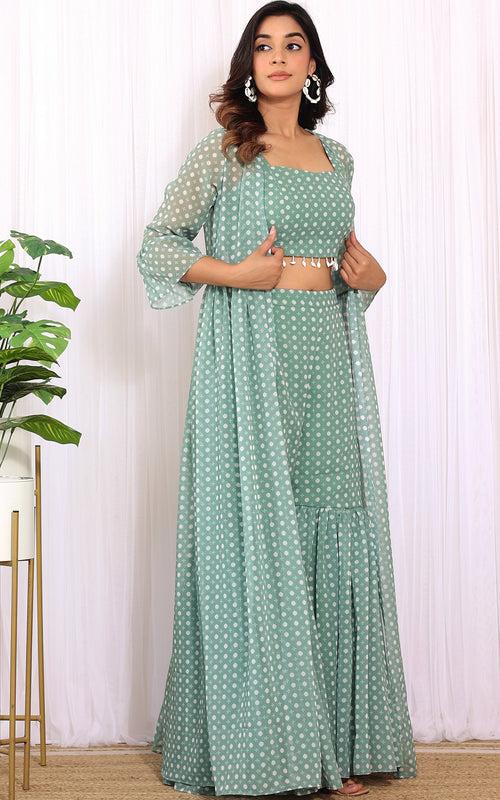 Neha Dharma Sage Green Printed Georgette Crop Top and Sharara Set