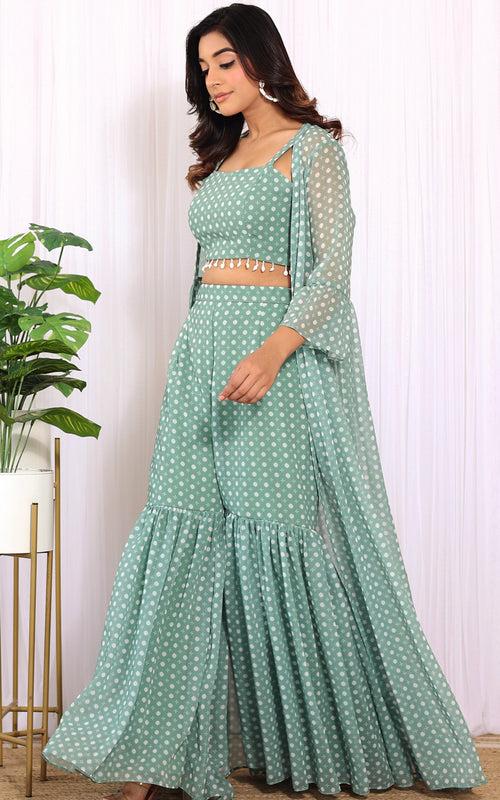 Neha Dharma Sage Green Printed Georgette Crop Top and Sharara Set