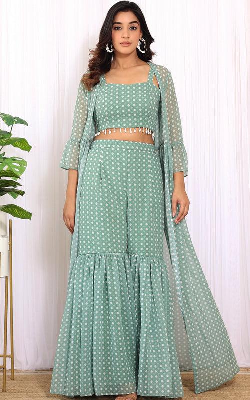 Neha Dharma Sage Green Printed Georgette Crop Top and Sharara Set