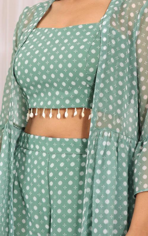 Neha Dharma Sage Green Printed Georgette Crop Top and Sharara Set