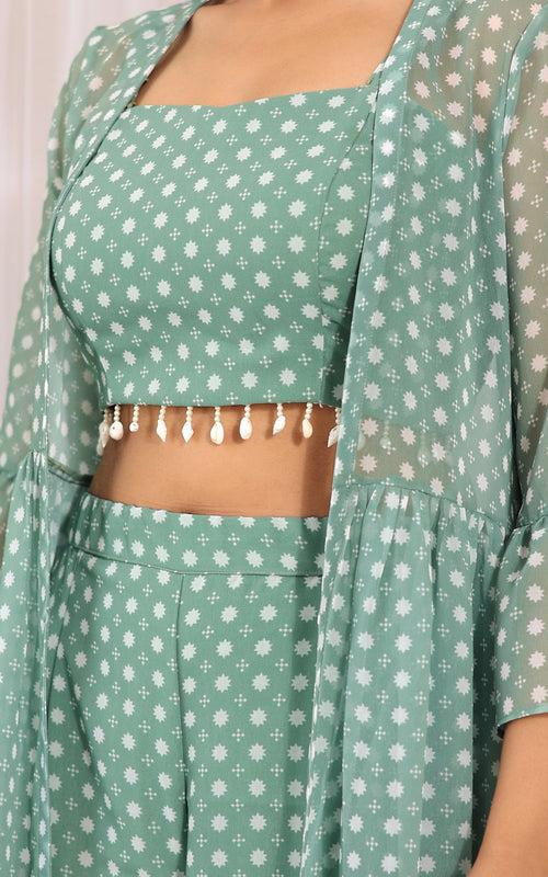 Neha Dharma Sage Green Printed Georgette Crop Top and Sharara Set