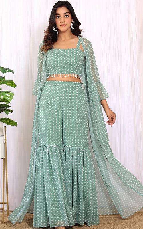 Neha Dharma Sage Green Printed Georgette Crop Top and Sharara Set