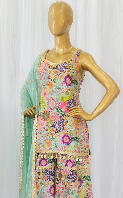 Turquoise Kitschy Printed Crepe Sharara Set