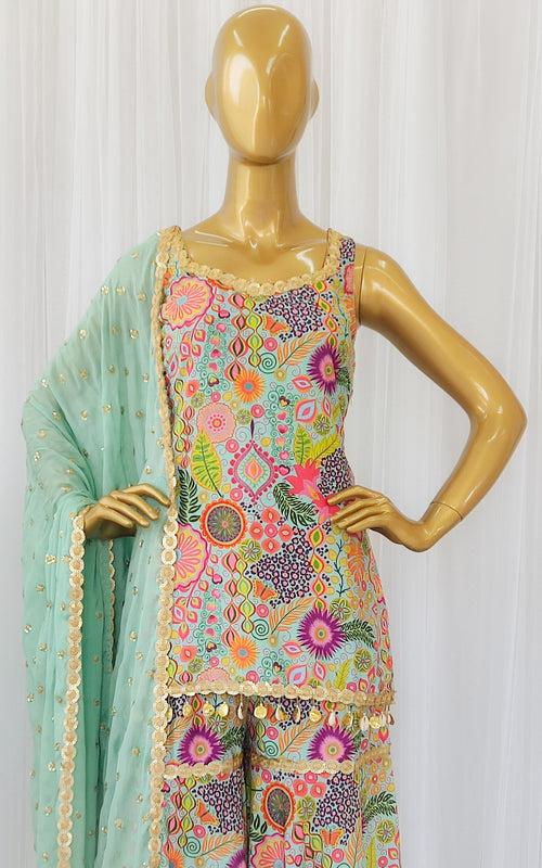 Turquoise Kitschy Printed Crepe Sharara Set