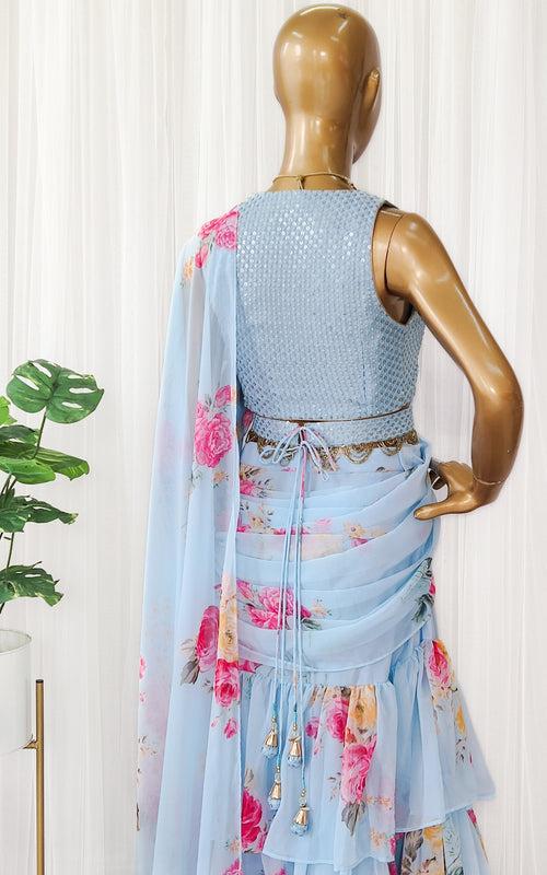 Sky Blue Floral Pre-Stitched Ruffle Saree With Embellished Belt