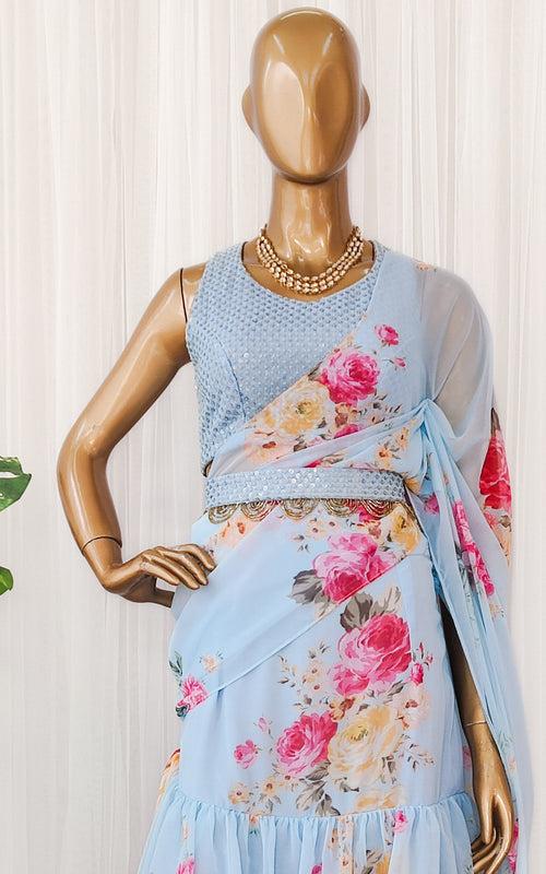 Sky Blue Floral Pre-Stitched Ruffle Saree With Embellished Belt