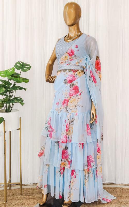 Sky Blue Floral Pre-Stitched Ruffle Saree With Embellished Belt