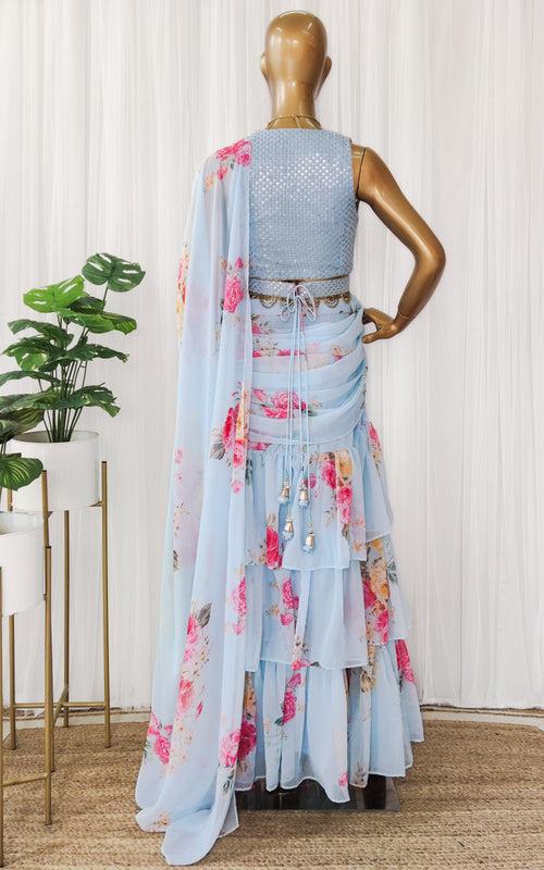 Sky Blue Floral Pre-Stitched Ruffle Saree With Embellished Belt