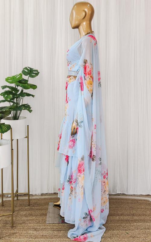 Sky Blue Floral Pre-Stitched Ruffle Saree With Embellished Belt