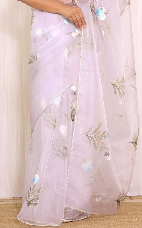 Lilac Handpainted Organza Saree