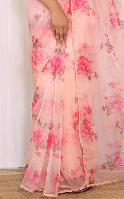 Peony Pink Floral Organza Saree