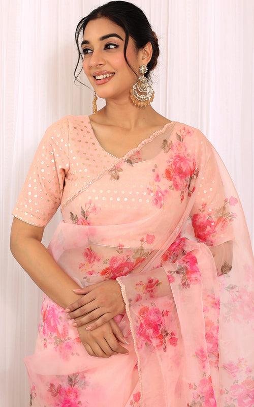 Peony Pink Floral Organza Saree