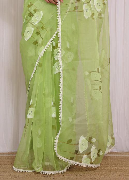 Pepper Mint Handpainted Organza Saree