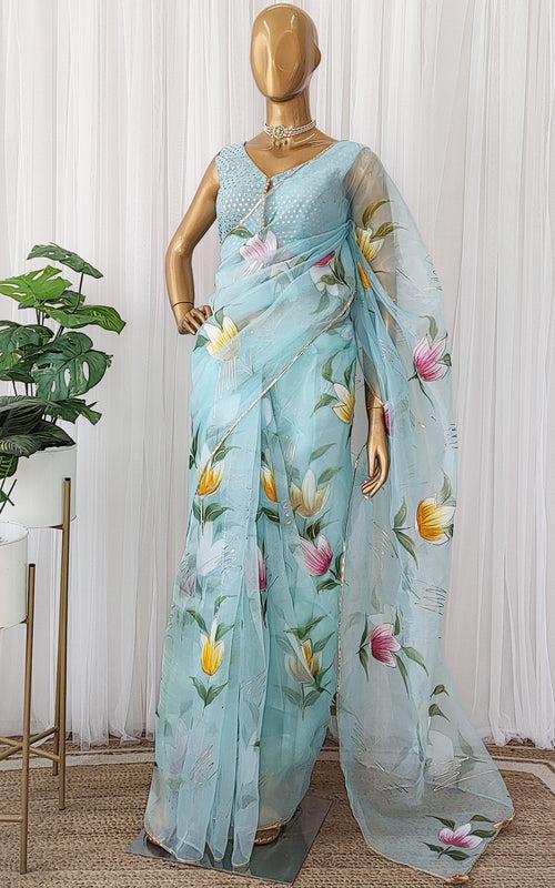 Aqua Handpainted Organza Saree