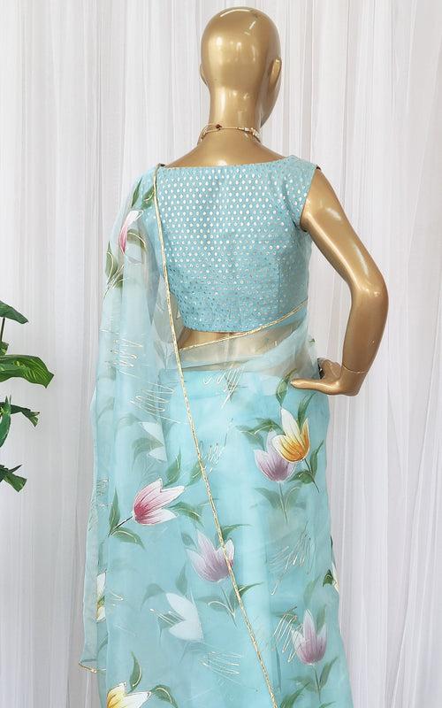 Aqua Handpainted Organza Saree