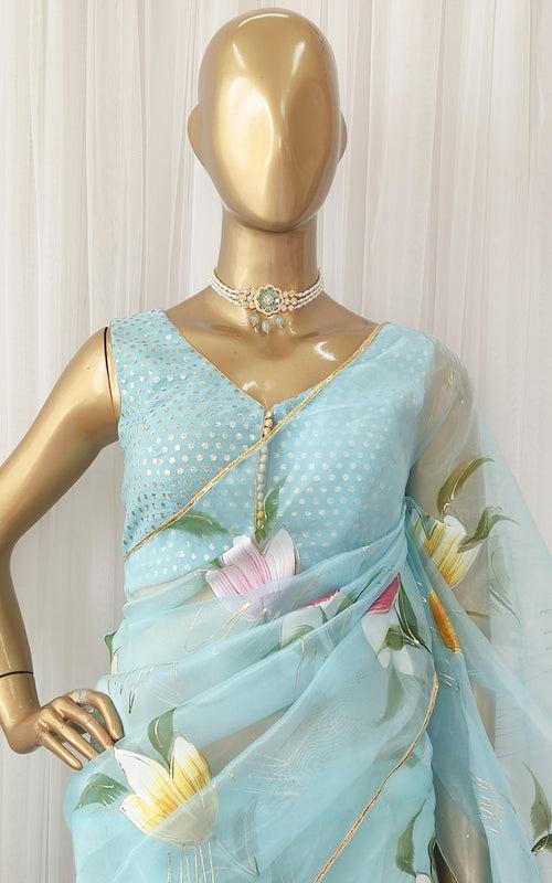 Aqua Handpainted Organza Saree