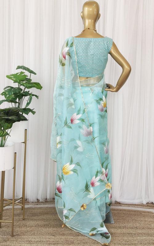 Aqua Handpainted Organza Saree