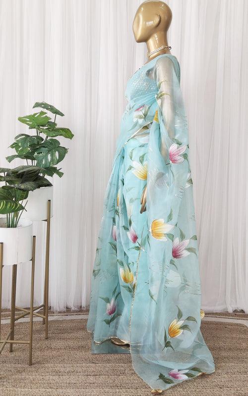 Aqua Handpainted Organza Saree