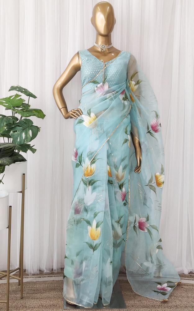 Aqua Handpainted Organza Saree