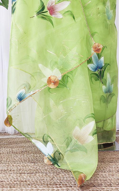 Lime Green Handpainted Organza Saree