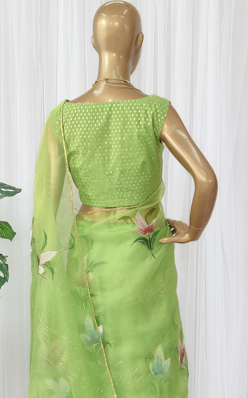 Lime Green Handpainted Organza Saree