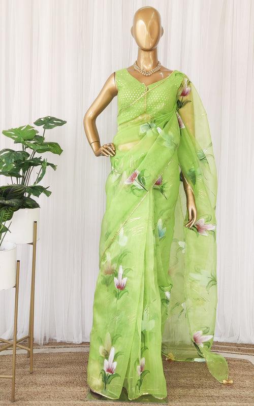 Lime Green Handpainted Organza Saree