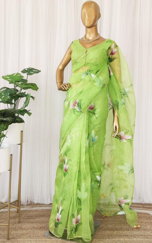 Lime Green Handpainted Organza Saree