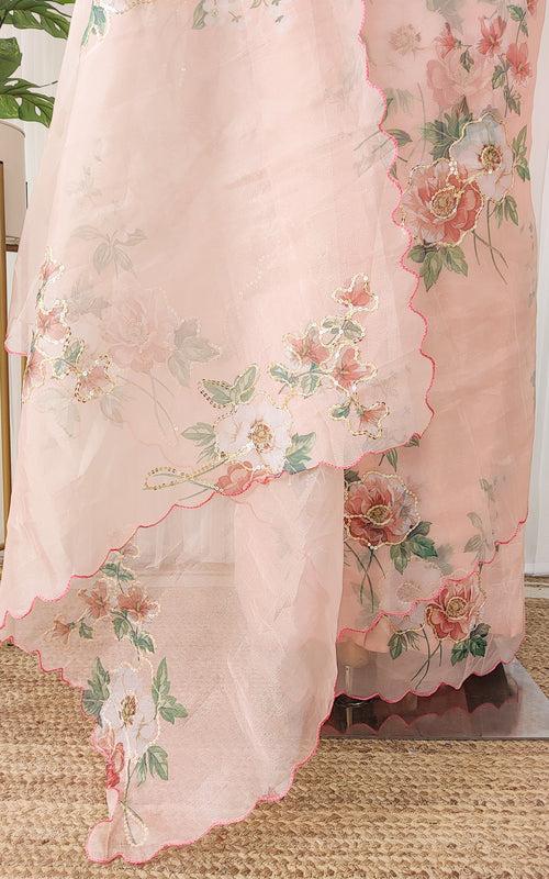 Peach Floral Sequinwork Organza Saree