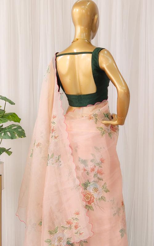 Peach Floral Sequinwork Organza Saree