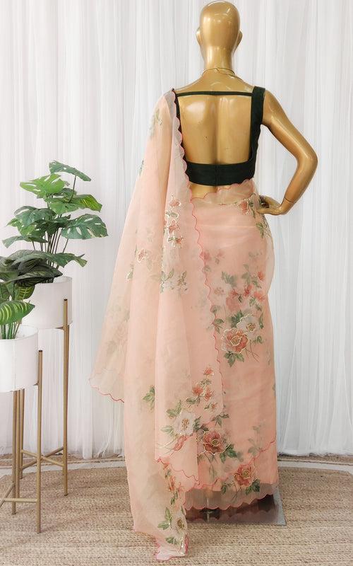 Peach Floral Sequinwork Organza Saree