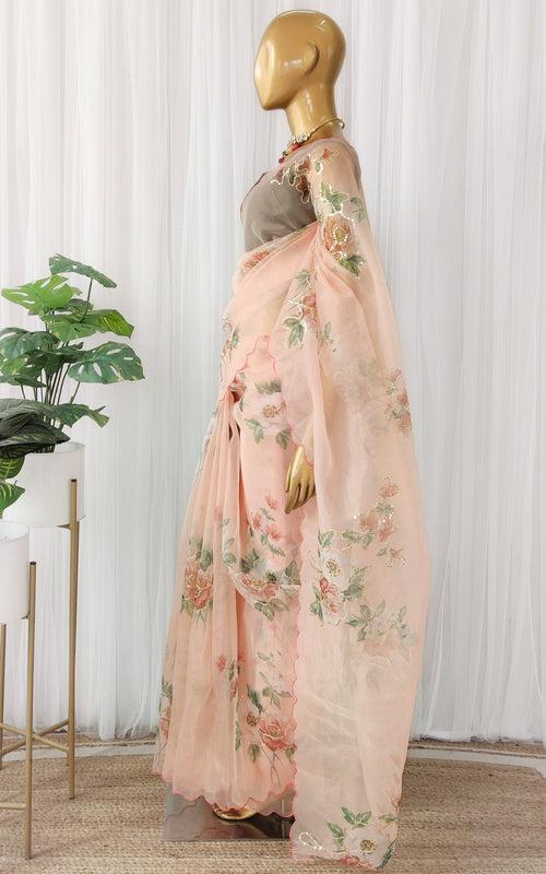 Peach Floral Sequinwork Organza Saree